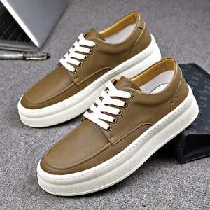 Men Casual Genuine Leather White Shoes Comfortable Platform Lace-up Board Shoes British Fashion Trendy Breathable Male Footwear