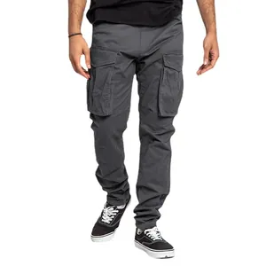 Pantalon cargo gris foncé pour homme avec plusieurs poches et coupe droite sur fond blanc.