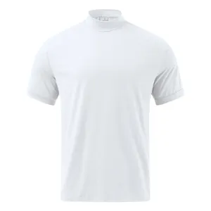 Front detailed view of a premium classic white mock neck short sleeve t-shirt for men