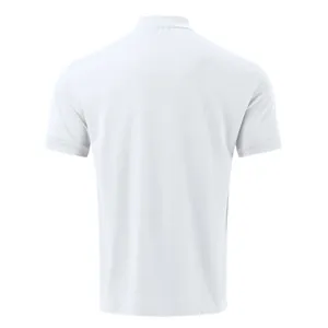 Detailed back view of a minimalist plain white men's high neck short sleeve polo t-shirt