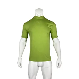 Front view of a slim fit men's mock neck short sleeve T-shirt in lime green.