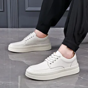 Men's white thick sole casual leather shoes with lace-up design for fashion