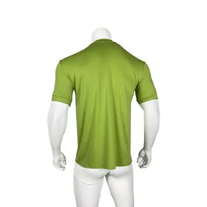 Detailed back view of a men's green mock neck short sleeve t-shirt on a mannequin