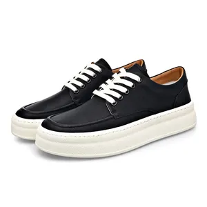 Stylish men's black leather casual shoes with comfortable thick white soles and laces