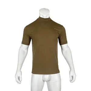 Detailed view of a men's olive brown high-neck short sleeve T-shirt on a mannequin