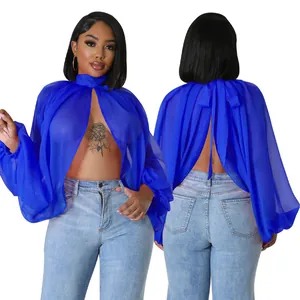 Top a mantella in chiffon blu reale trasparente con maniche a pipistrello e lacci