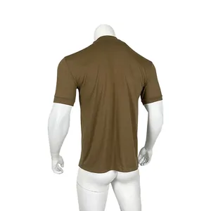Detailed back view of a men's solid brown high neck short sleeve t-shirt on a mannequin