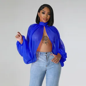 Dettaglio di una blusa a mantella in chiffon blu trasparente con eleganti maniche a sbuffo