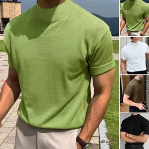 Men's Mock Neck Short Sleeve T-Shirt Korean Style Slim Fit Solid Color Polyester Basic Undershirt Daily Casual Top For Men