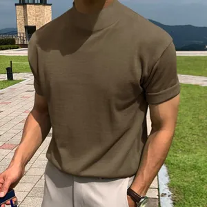 Men's fashion brown mock neck short sleeve T-shirt with slim fit solid color design