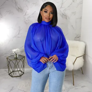 Vista dettagliata dell'elegante camicetta in chiffon blu trasparente con maniche a lanterna