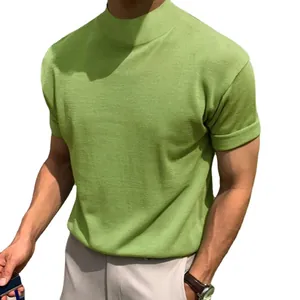 Men's mock neck short sleeve T-shirt in avocado green, slim fit summer knit top.