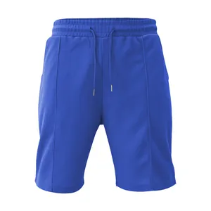 Vista frontale di pantaloncini da uomo blu in maglia waffle pesante con coulisse