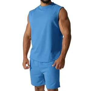 Details zum blauen ärmellosen Sommer-Sportset für Herren, zweiteiliger Anzug