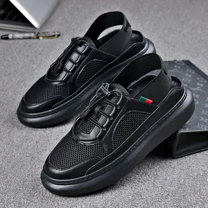 Sandales en Maille Respirante pour Hommes Été Croûte de Cuir Ajourées Slip-On Chaussures Décontractées Semelle Souple Léger