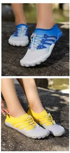 Detailed close-up of lightweight quick-dry water shoes in blue and yellow color variants