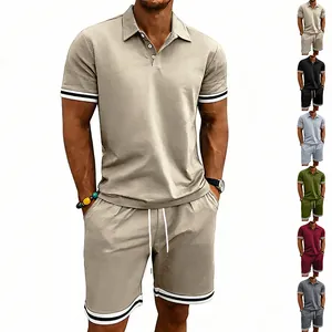 Set polo a maniche corte e pantaloncini casual da uomo stile britannico color kaki