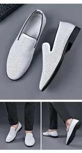 Detailed view and on-foot shots of white perforated leather business loafers for men
