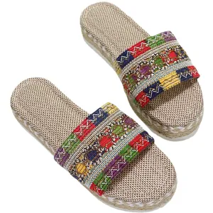 Ethnic style women's platform slides with colorful woven straps and jute rope soles