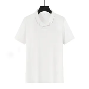 Detail of white waffle-knit polo shirt with open Burke collar and loose fit