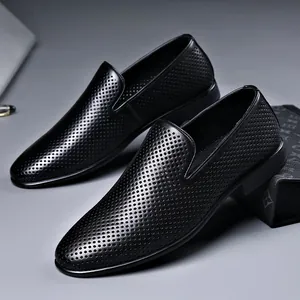 Men's Cowhide Hollow Out Business Shoes Pointed Toe Breathable Loafers Slip-on Formal Dress Sandals Lightweight Work Shoes