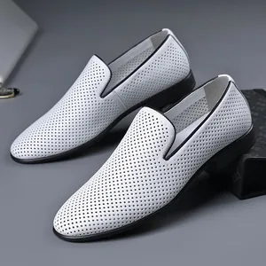 White perforated leather loafers for men with breathable hollowed-out design