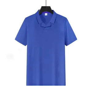 Close-up of the front design of the blue waffle knit Polo shirt with an open Burke collar