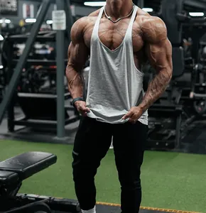 Professional macro view of grey cotton racerback tank top for bodybuilding men in gym