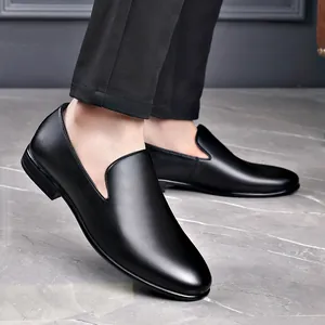 Classic black genuine leather pointed toe loafers for men business formal attire style
