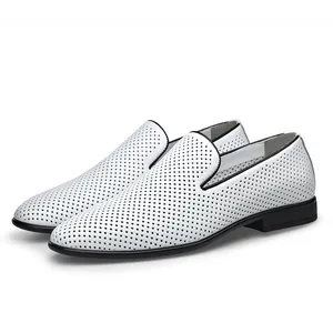 White perforated genuine leather loafers for men breathable business formal dress shoes