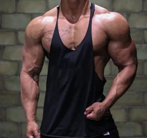 Detailed view of a men's black cotton gym stringer tank top for fitness weight training