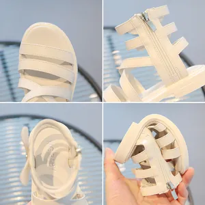 Sandalias romanas blancas para niñas con lazo de mariposa y suela flexible