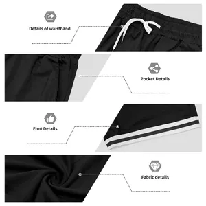 Dettagli dei pantaloncini sportivi da uomo: vita, tasche, orlo e qualità del tessuto.