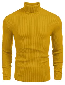 Pull à col roulé moutarde pour homme coupe ajustée avec détail de maille côtelée