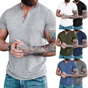 Detailed view of men's short-sleeved Henley t-shirt with button neck in various colors