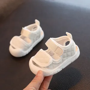 White quilted baby sandals with soft non-slip soles for toddlers' summer beach wear