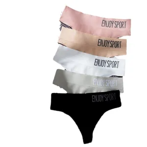 Five-pack women's seamless sports thongs featuring ENJOY SPORT print in varied colors.