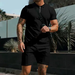 Men's stylish black waffle knit casual set with zip polo t-shirt and matching shorts