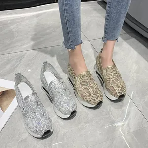 Damen Mode Pailletten Netzgewebe Plateau Sneaker Atmungsaktiv Slipper Größensteigernd Freizeit Schuhe Komfortable Wanderschuhe