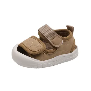 Khaki baby sandals with quilted pattern and soft non-slip sole for toddlers