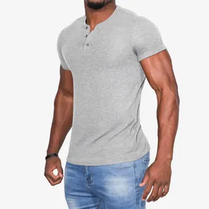 Detailed side view of grey slim fit Henley t-shirt with short sleeves for men