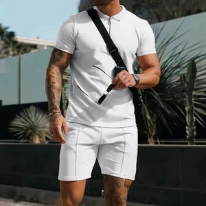 Men's summer casual two-piece outfit featuring white waffle knit polo shirt and matching shorts