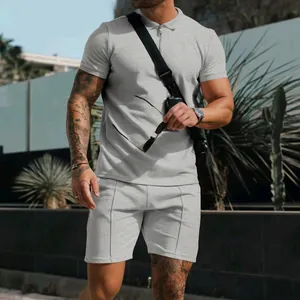Modern men's light grey waffle knit casual short sleeve polo and shorts summer set