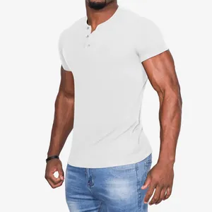 Detailed view of white slim-fit Henley shirt featuring button-up neck design