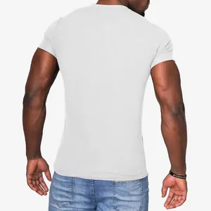 Back view of a professional slim fit white short sleeve Henley cotton t-shirt for men