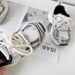 Toddler retro sneakers with soft soles and breathable mesh in silver and white