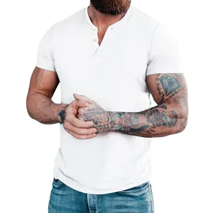 Detailed view of men's white short sleeve Henley t-shirt with button neckline