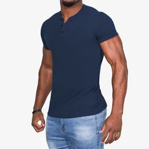 Detailed view of navy blue slim fit men's cotton Henley shirt with buttons