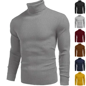 Pull Homme Coupe Ajustée Col Roulé en Tricot à Côtes Automne Hiver Manches Longues Pullover Basique Haut en Acrylique