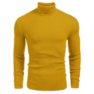 Pull à col roulé ajusté pour homme en maille côtelée jaune moutarde pour l'automne.
